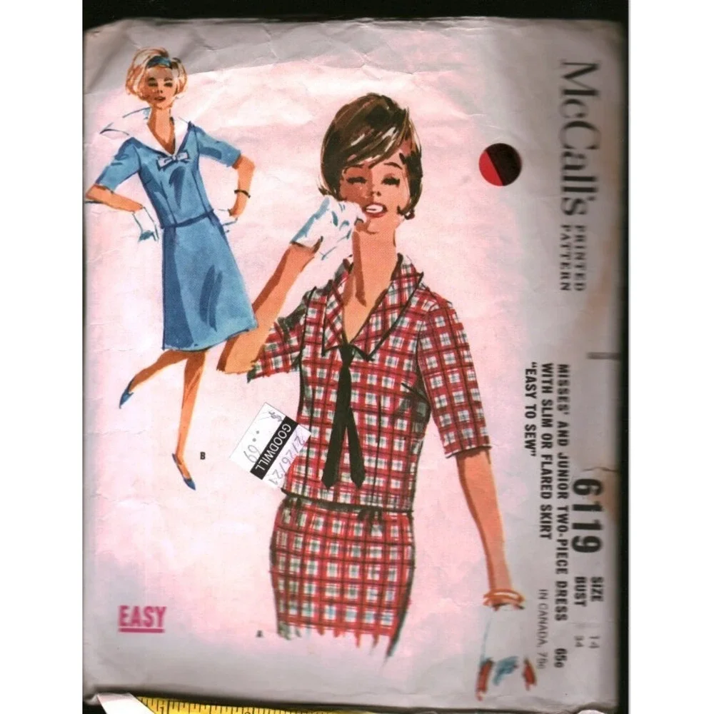 Vintage McCalls 6119 Two Piece Dress Sewing Pattern Size 14 Bust 34 1960s Easy